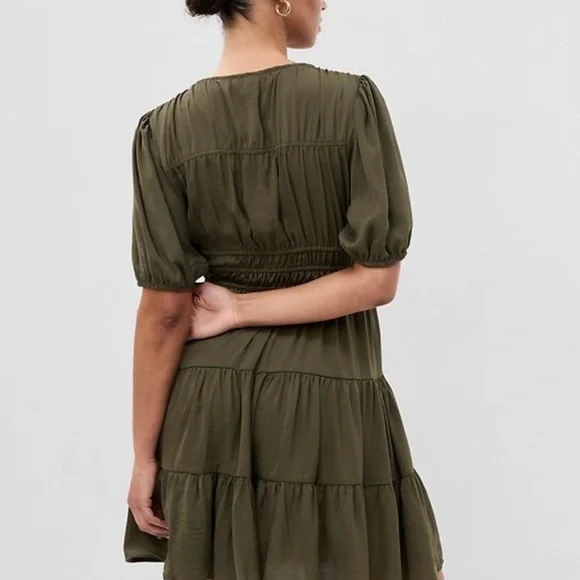 🌿 Gap Tie-Front Tiered Mini Dress Army Green XL Tall - Picture 2 of 8